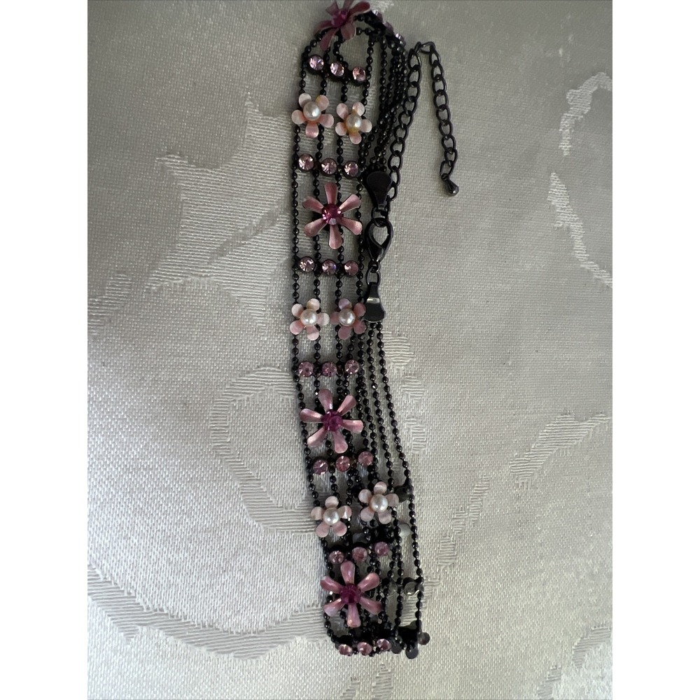 Statement Link Necklace Spring Flower BoHo, Pink Enamel Linked, Angels